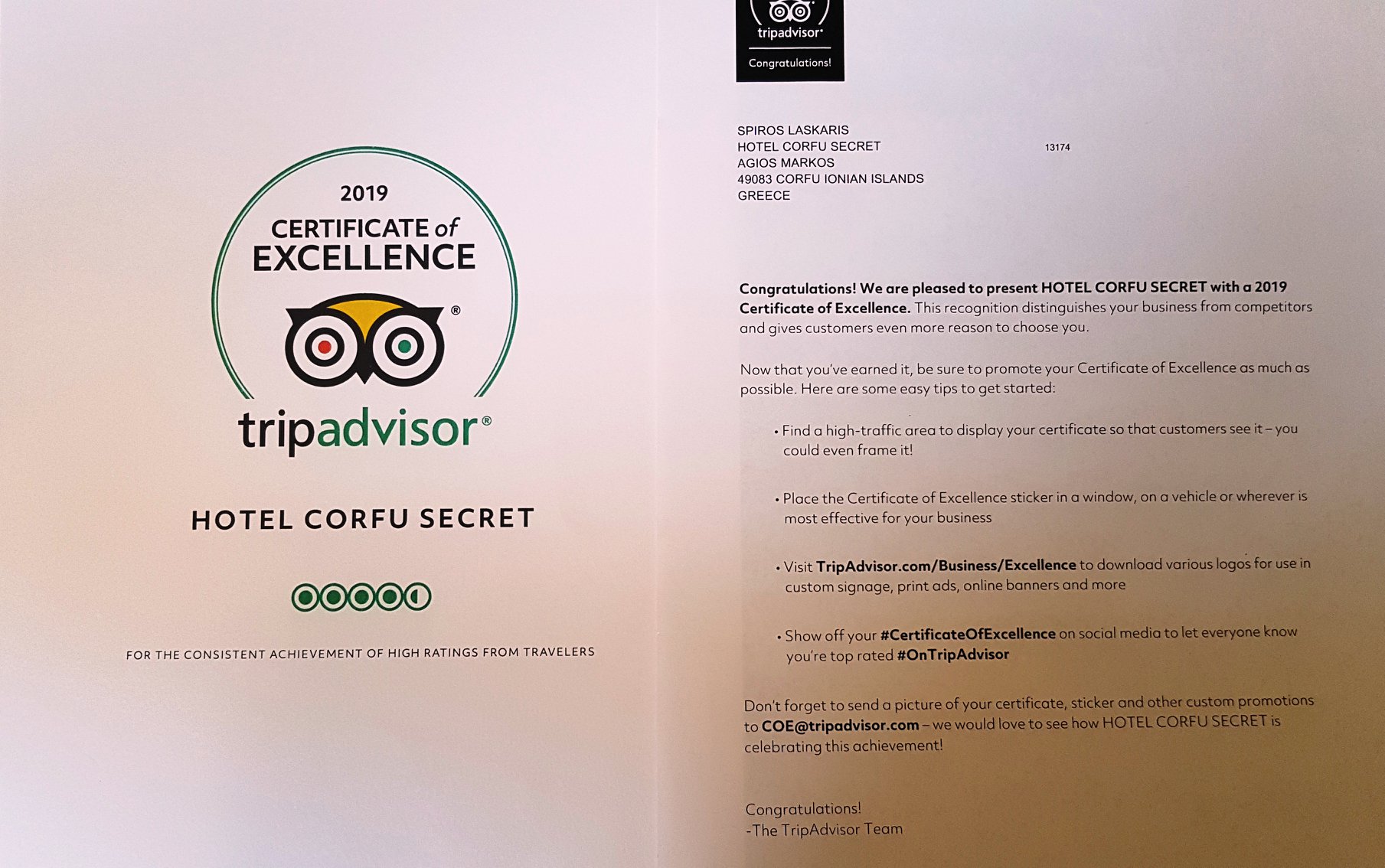 award corfu secret by Tripadvisor 2019