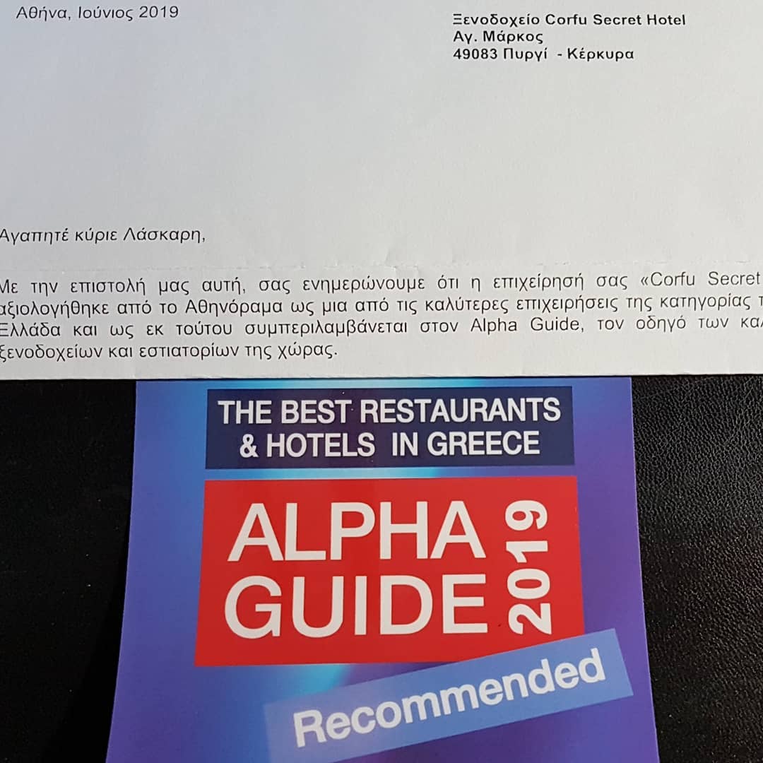 top hotel and restaurant award by Alpha Guide 2019